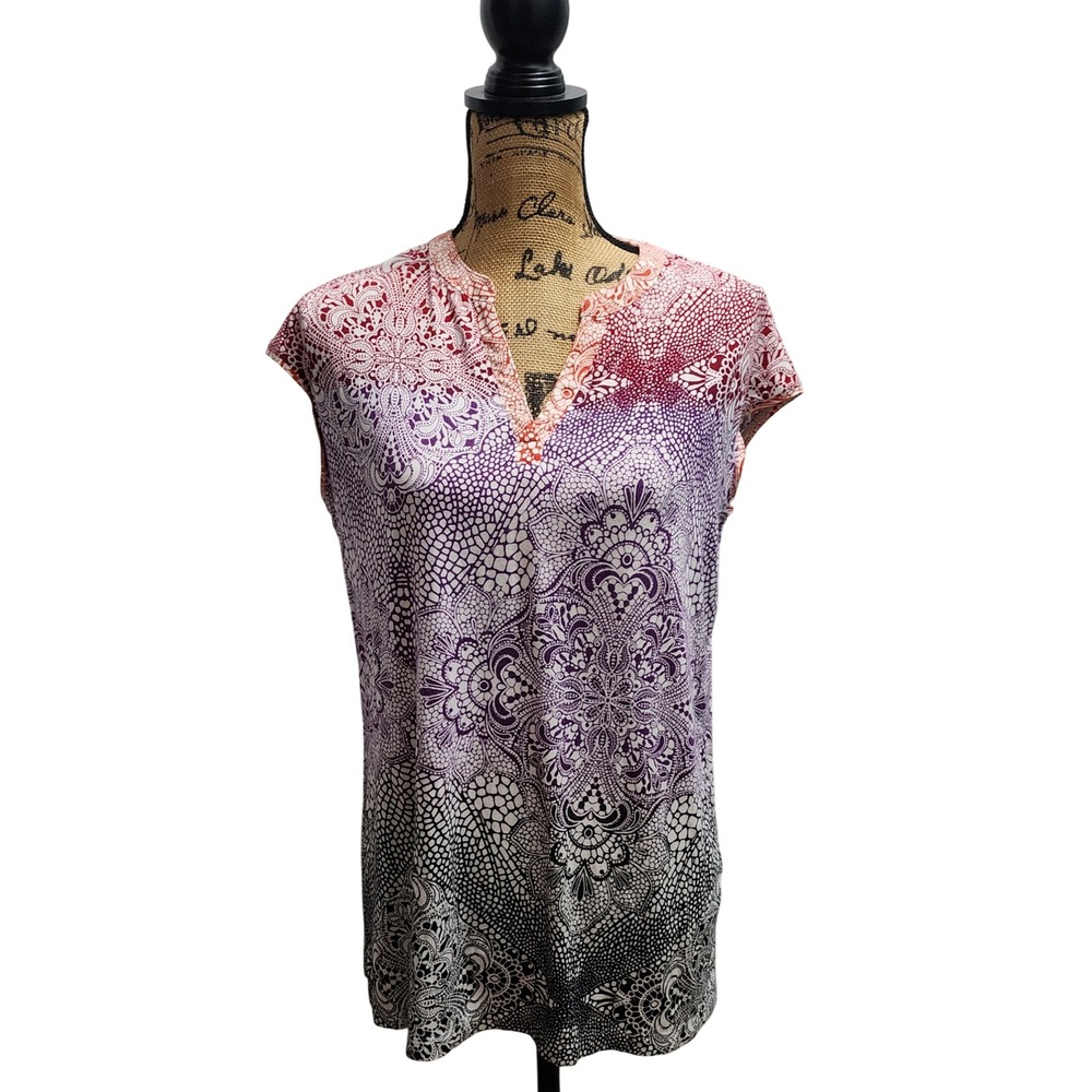 Soma Women's Medium Cap Sleeve V-Neck Ombre Paisley‎ Print Top Rayon Spandex